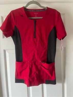 Red & Black Zipper Front Jewels Medical Scrub Top small Koi Lite